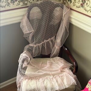 Vintage sheer pink w/white polka dots valence curtain set, circa 1960s